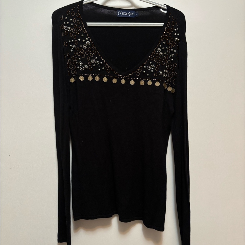 Minkas Black Long Sleeve Top with Gold Detailing